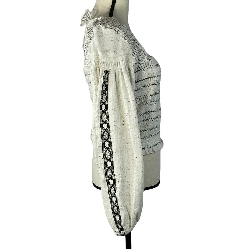 Free People Maggie Medium Embroidered Top Square Neck Smocked Puff Sleeves Ivory
